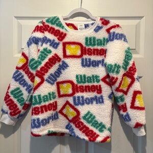 Disney world kids white multicolor printed pullover Sherpa fleece crewneck L